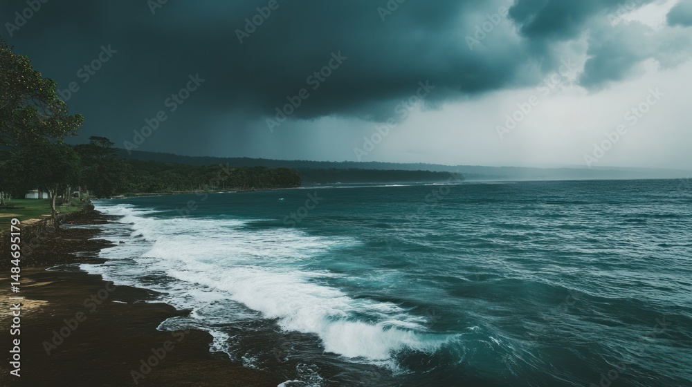 Fototapeta premium Dark Stormy Seascape: Dramatic Coastal Scene Under a Thunderous Sky