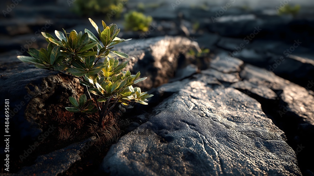 Obraz premium Unique vegetation thriving in a barren lava field of the Galapagos Islands during the early morning light