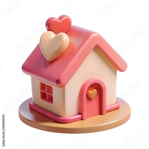 Cute miniature house, pink roof, white walls, red heart symbol, love nest, tiny dollhouse, simple geometric shapes, on white background 