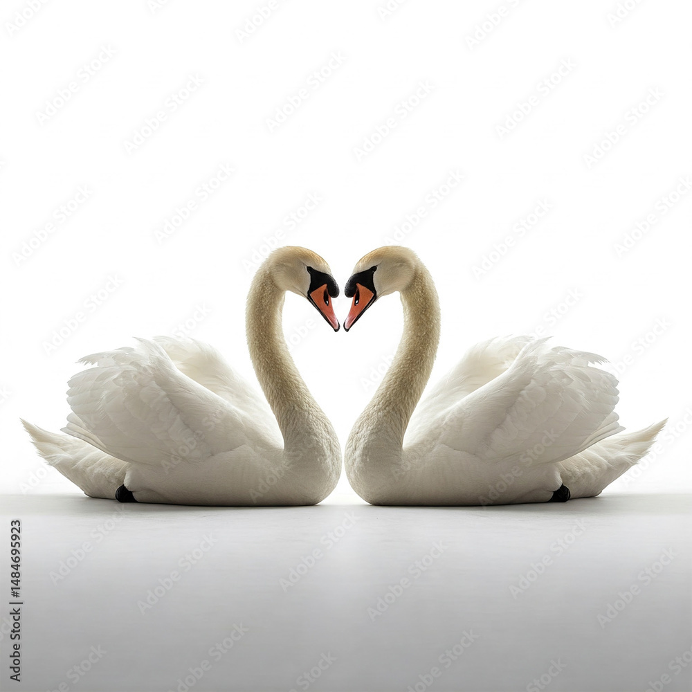 Fototapeta premium two swans shaped heart on white background