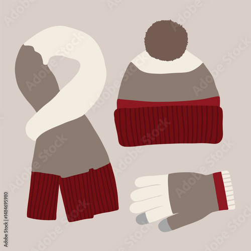 vector set of red knitted winter gloves, hat, and scarf illustration