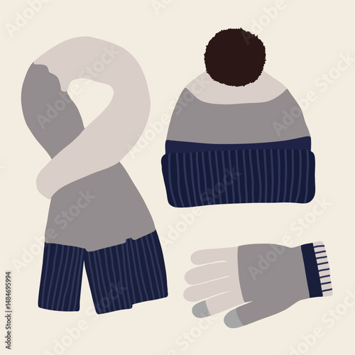 vector set of blue knitted winter gloves, hat, and scarf illustration