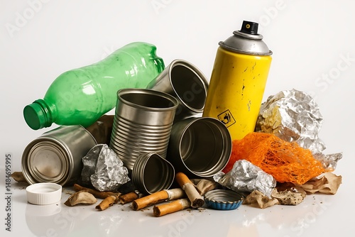 Recyclable waste materials featuring a green plastic bottle, metal cans, yellow spray and foil