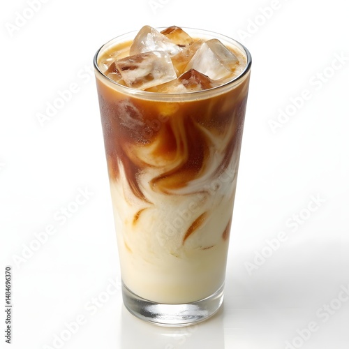 Iced latte, creamy coffee drink, tall glass, swirling milk, golden brown espresso, ice cubes, on white background 