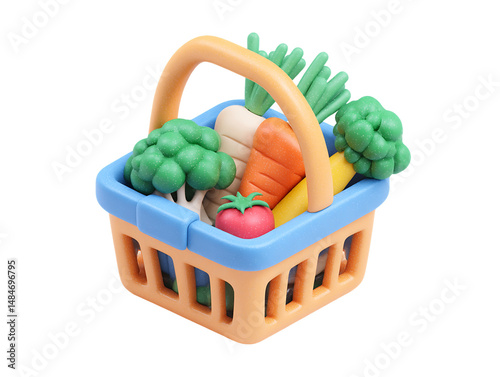 Playful Clay Vegetables in a Small Orange Shopping Basket, PNG