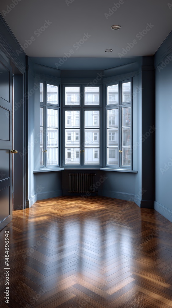 Obraz premium A modern room featuring a large bay window, hardwood flooring, and soft blue walls, creating a bright and inviting atmosphere.