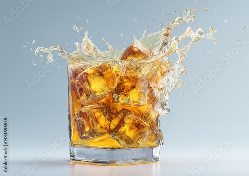 Whiskey splash with ice cubes in a glass.