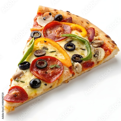 pizza slice, vibrant colors, melted cheese, pepperoni, black olives, bell peppers, on white background 