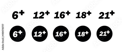 Age limit sign icon set. age restriction sign. Adult content prohibition warning symbol. Adults content only age restriction 6 12 16 18 21 plus years old. Adult only icon png and vector