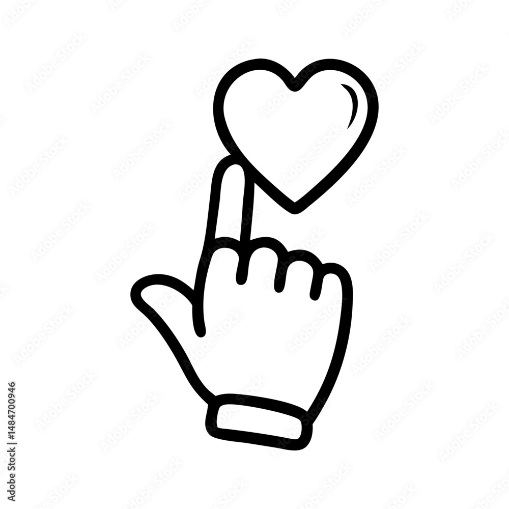 Obraz premium Hand clicking on heart icon symbolizing like and favorite in outline style vector illustration 