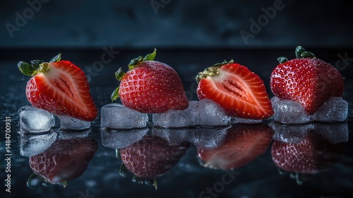 Three fresh strawberries partially immersed in clear ice cubes,