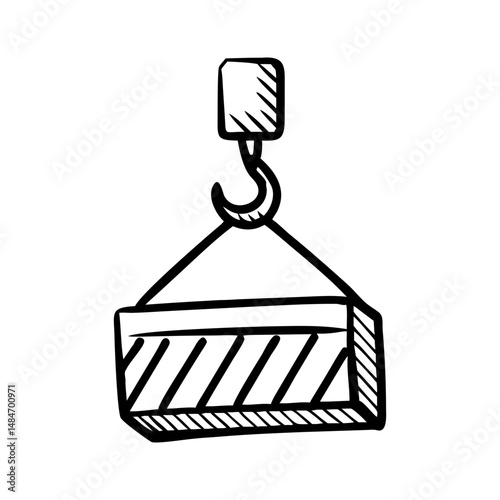 Industrial lifting hook carrying striped block in sketch line art style. vector illustration
