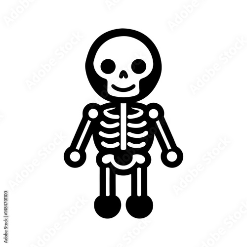 Cartoon skeleton character with skull and ribs in line art vector illustration

