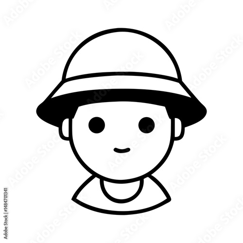 Smiling Child Icon with Wide Brimmed Hat in Outline Style
