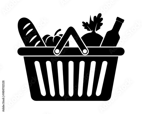 Grocery Basket Icon Filled with Food Items Black Silhouette Vector

