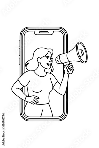 Woman Shouting Through Megaphone from Smartphone Social Media Concept Vector
