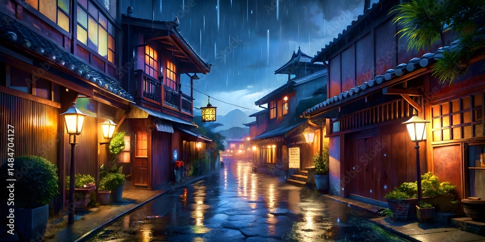 Fototapeta premium Japanese rainy street at night background