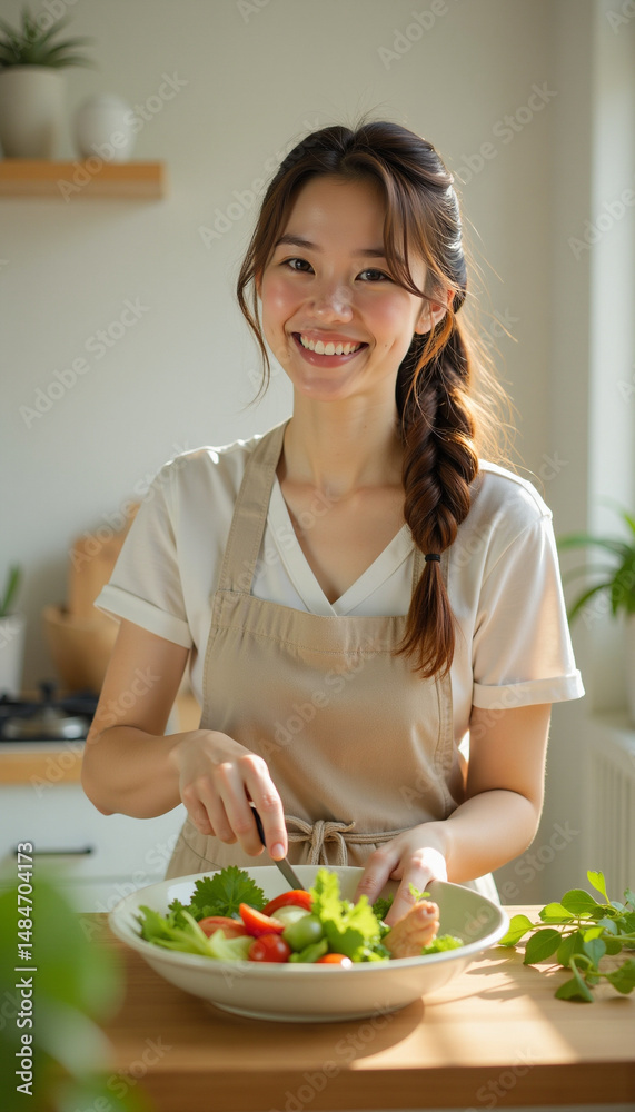 Smiling woman preparing a fresh salad in a bright kitchen, healthy eating. Smiling woman preparing a fresh salad in a bright kitchen, healthy eating.