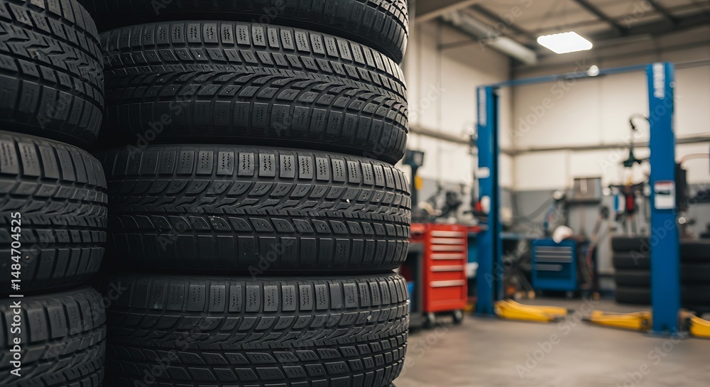 Stack of Tires in Auto Repair Shop Ready for Replacement Stack of Tires in Auto Repair Shop Ready for Replacement