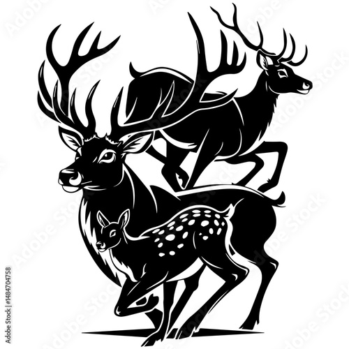 Black and white illustration of a deer family, including a stag, doe, and fawn, standing together in a stylized, detailed graphic with strong shading and line work.