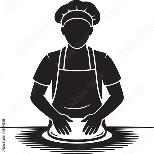 Chef Kneading Dough Silhouette Baker Preparing Food Simple Vector Illustration.