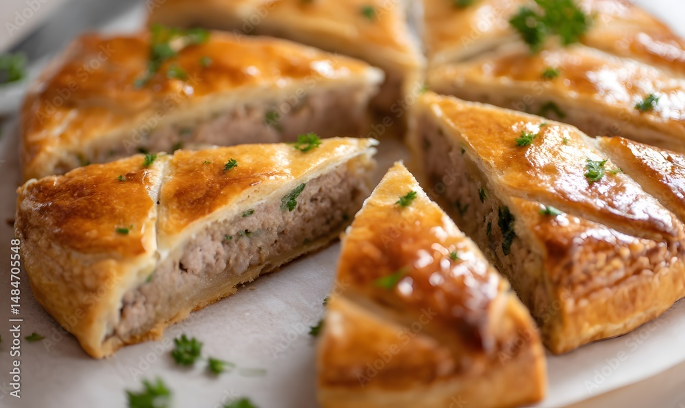 top view medium shot of a crisp pastry crust of pate en croute sliced into even rounds showing the meat filling and parsley flecks, Generative AI top view medium shot of a crisp pastry crust of pate en croute sliced into even rounds showing the meat filling and parsley flecks, Generative AI