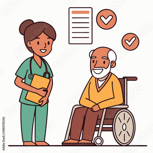 Friendly Female Doctor Talking with Senior Man in Wheelchair