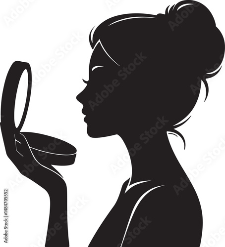 Woman Silhouette With Makeup Compact Mirror Elegant Beauty Portrait Vector.