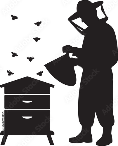 Beekeeper Silhouette Inspecting Beehive With Flying Bees Vector Illustration Design.