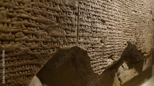 Ancient clay tablet with cuneiform script detailing historical texts and early form of writing in Sumerian civilization.