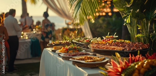 A vibrant beachside buffet at sunset. featuring an array of colorful dishes on a long table. with guests mingling under palm trees and a soft ocean breeze in the background