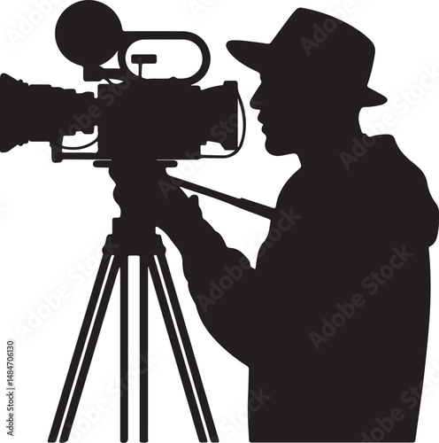 Silhouette Of A Cameraman With A Camera On A Tripod In Studio.