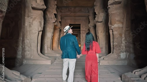 american young man traveler wearing white hat with his wife with red dress exploring ancient Egyptian abu simble temple walking inside the tomb looking for the paintings on the wall. Egypt.