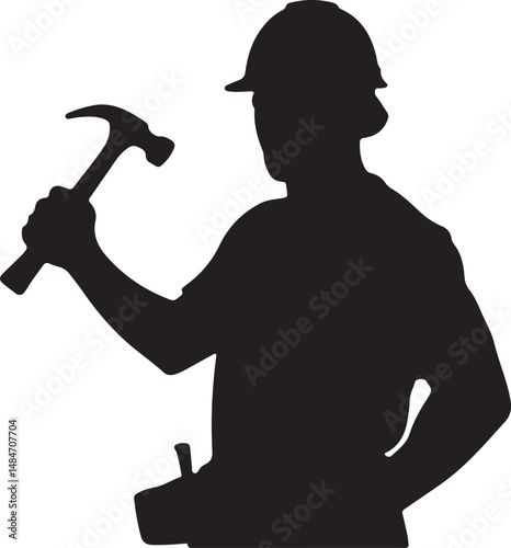Construction Worker Silhouette Holding Hammer Wearing Hard Hat For Building And Repair.