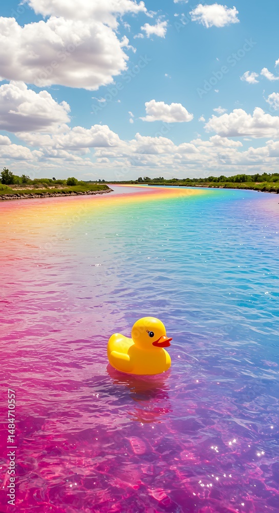 Obraz premium Duck rainbow water sky clouds summer river yellow colorful nature vibrant bright idyllic scenic