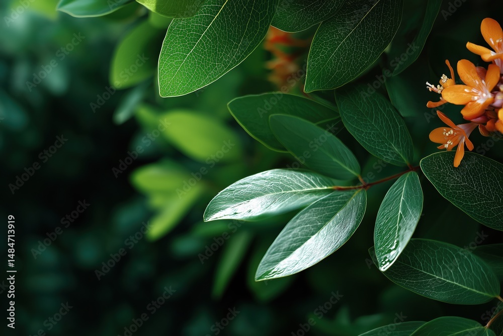 Obraz premium Vibrant green foliage with orange blossoms in sunlight