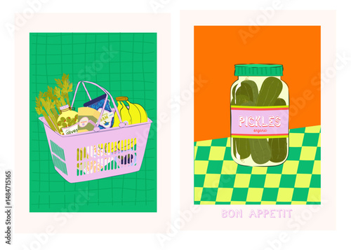 Collection of Cozy Food Illustration. Healthy Grocery Baskets. Hand Drawn Food Shopping Illustration. Editable vector illustration.