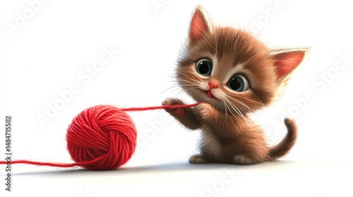Cute cartoon kitten playing with yarn ball