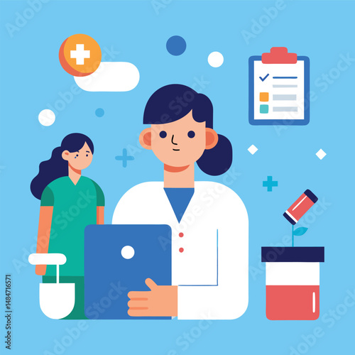 Female Doctor Using Tablet with Patient and Medical Icons