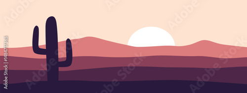 Cactus at sunset desert landscape. Cartoon flat design background vector illustration. Design for banner or social media template.