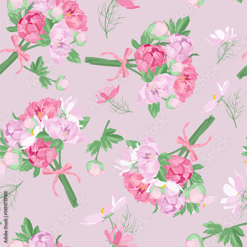 Seamless vector illustration with bouquets of pink peonies on a lilac background. For decorating textiles, packaging