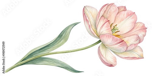 Delicate pink tulip with green leaves and detailed petals.
