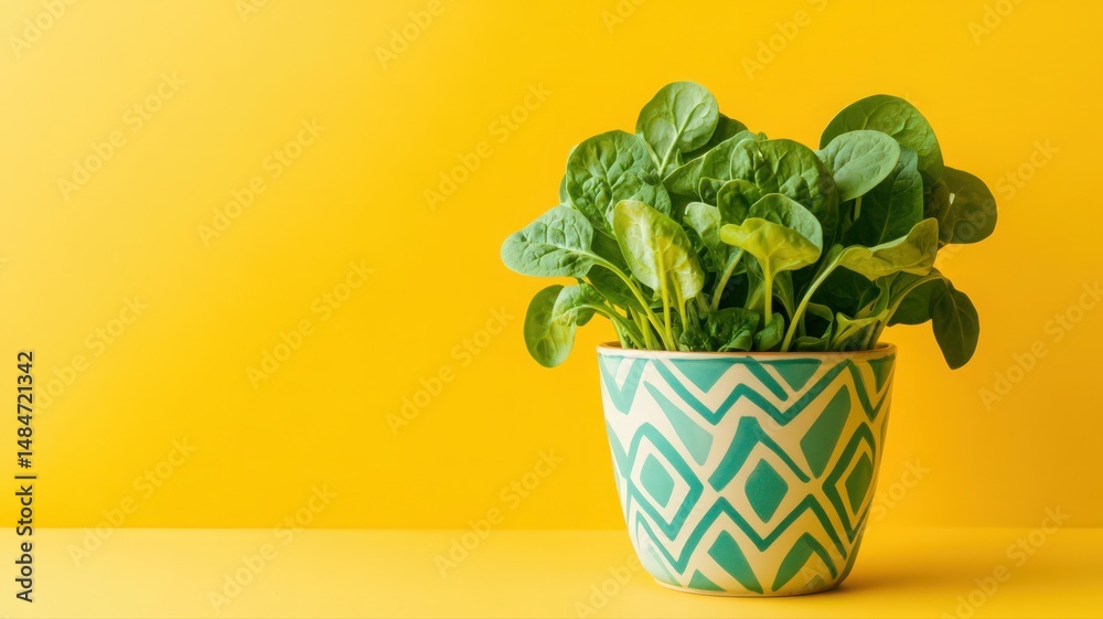 Fototapeta premium Vibrant Spinach Plant in Geometric Ceramic Pot Against a Bright Yellow Background