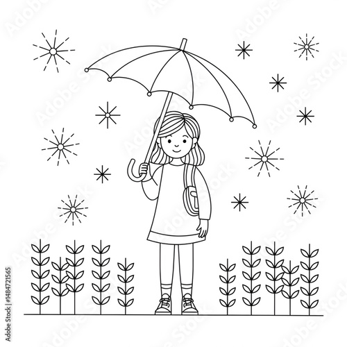 ‎A black and white A girl is standing with an umbrella  line art of a coloring page