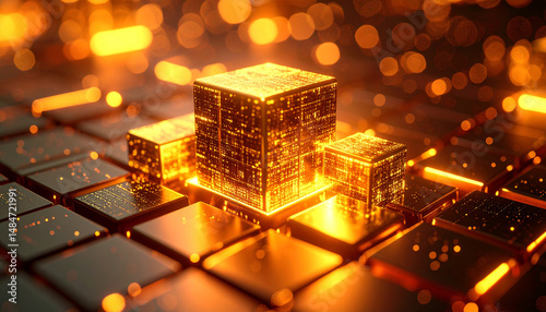 Glowing golden data blocks arranged on a futuristic digital surface. Concept of blockchain technology, data processing, and high-tech innovation in a virtual environment.
