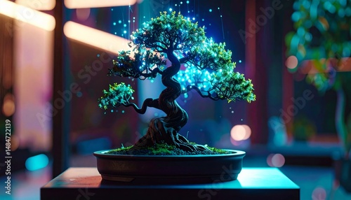 A miniature glowing bonsai tree magically illuminates a dark room