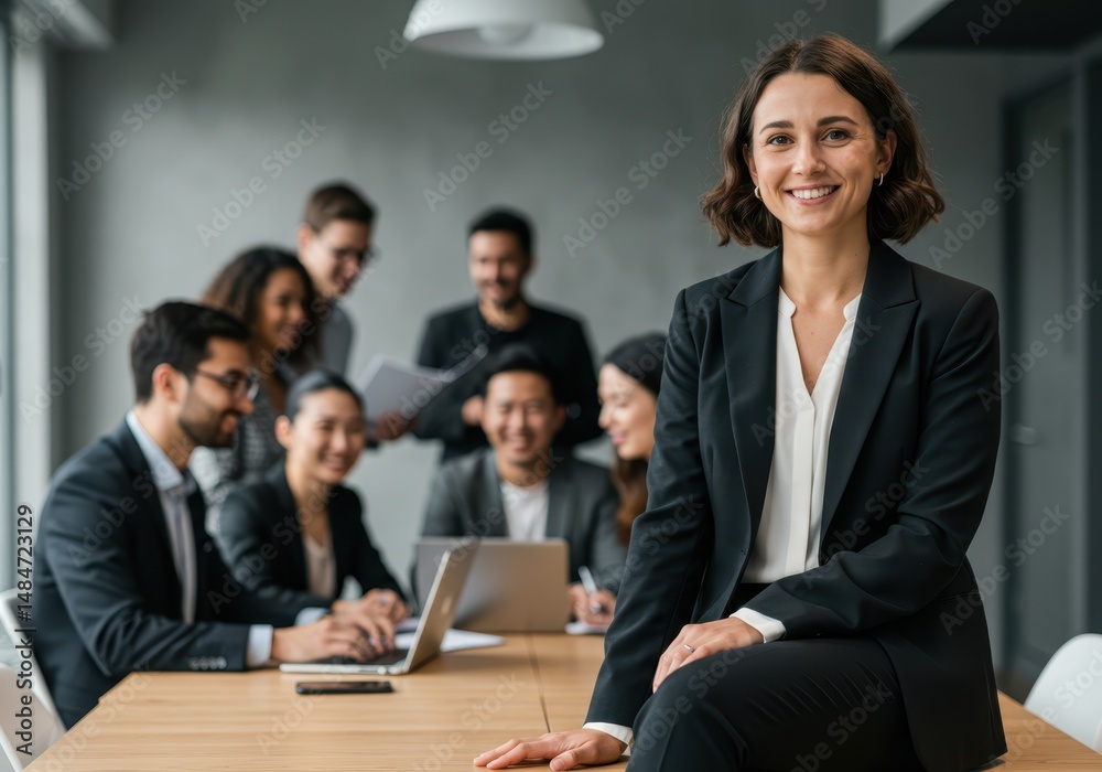 Smiling businesswoman sits on table with diverse team working in background at office Smiling businesswoman sits on table with diverse team working in background at office