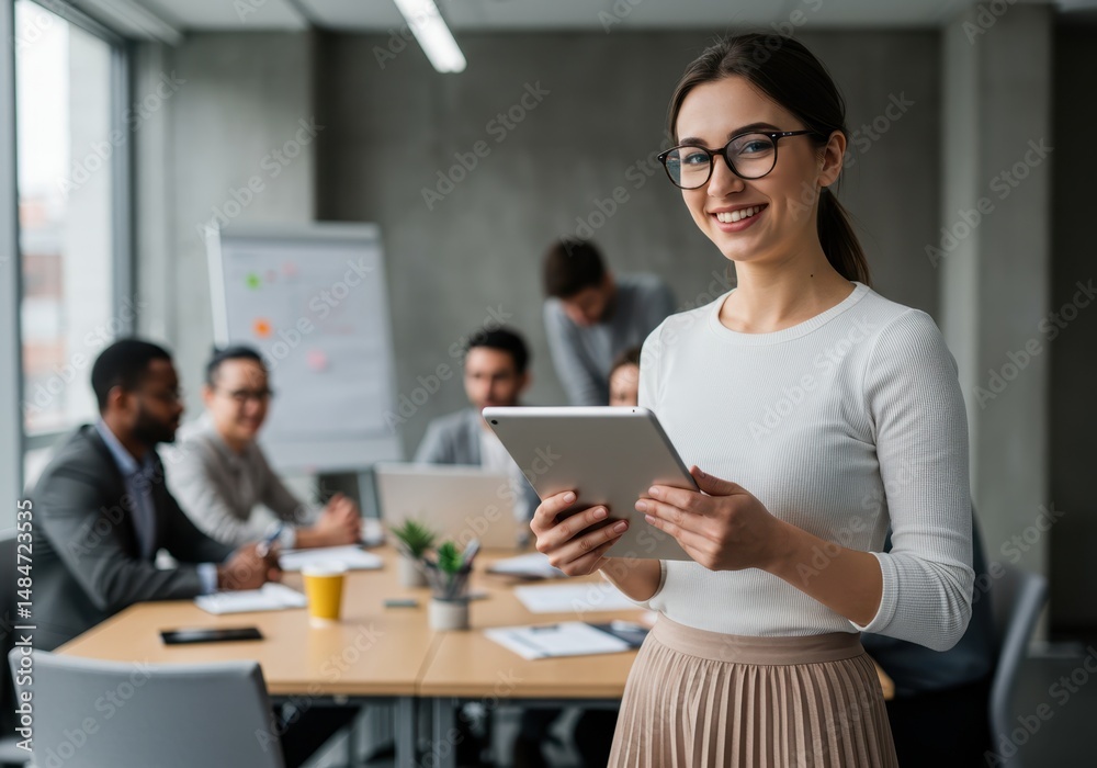 Smiling woman holding a tablet in an office meeting with diverse colleagues Smiling woman holding a tablet in an office meeting with diverse colleagues