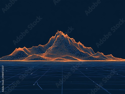 Abstract wireframe mountain range with a digital grid representing a landscape
