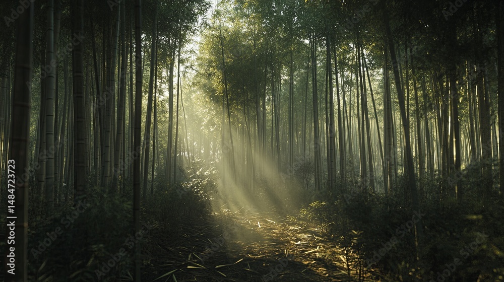 Fototapeta premium Bamboo forest with light filtering through tall stalks.